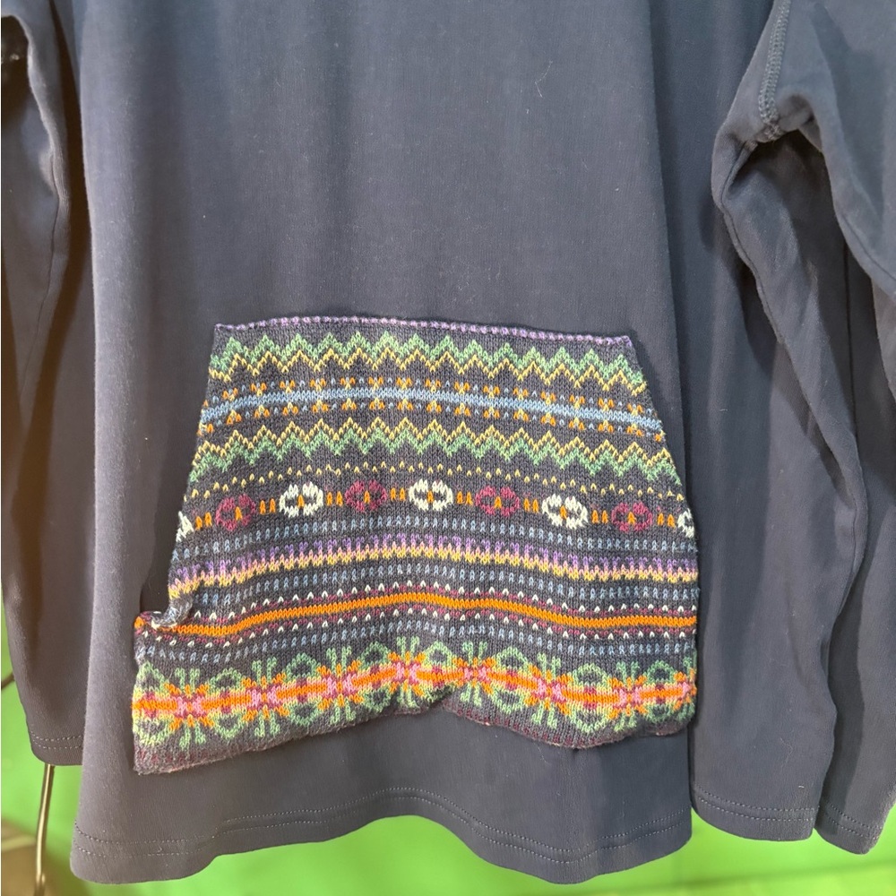Chaps Navy Cowl Neck Sweater with Multicolor Fair Isle Pocket - Picture 2 of 8